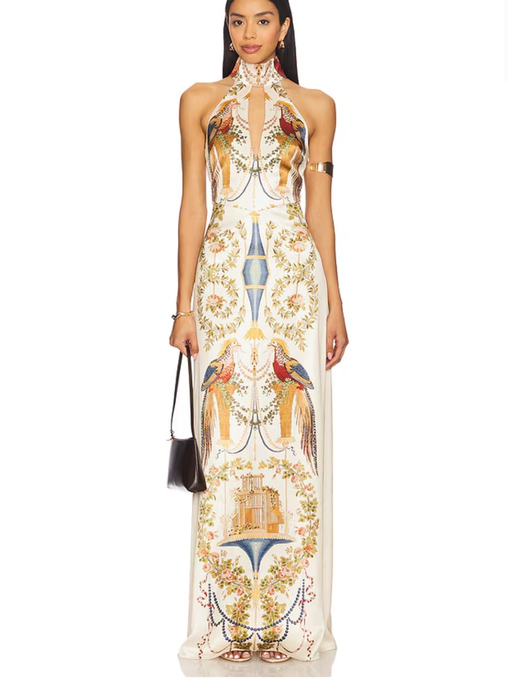 Yllw the label Celeste Halter-Neck Ivory Maxi Dress with Ornate Parrot Print